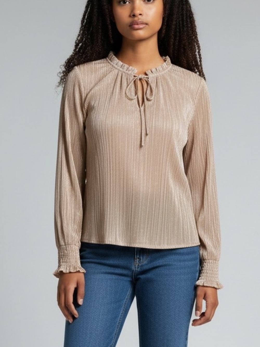 JOIE rose gold shimmer metallic pleated smocked sleeve peasant top size medium